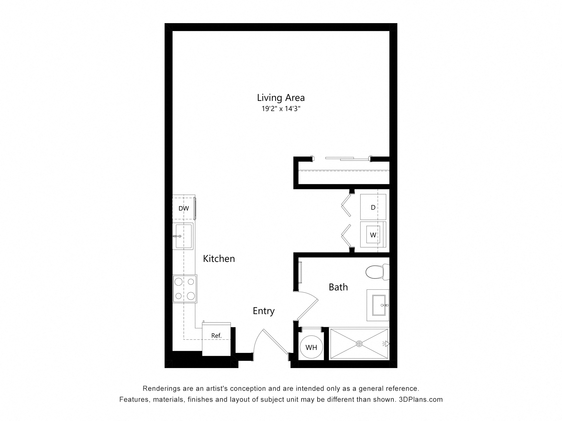 Floor plan for studio, 1 bath, 543 sqft